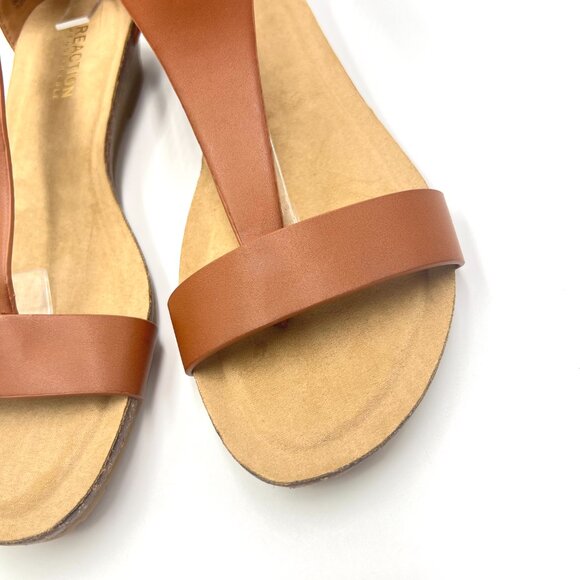 Kenneth Cole Reaction Size 7.5 Cognac Brown T-Strap Low‎ Wedges Sandals Shoes - Picture 5 of 13